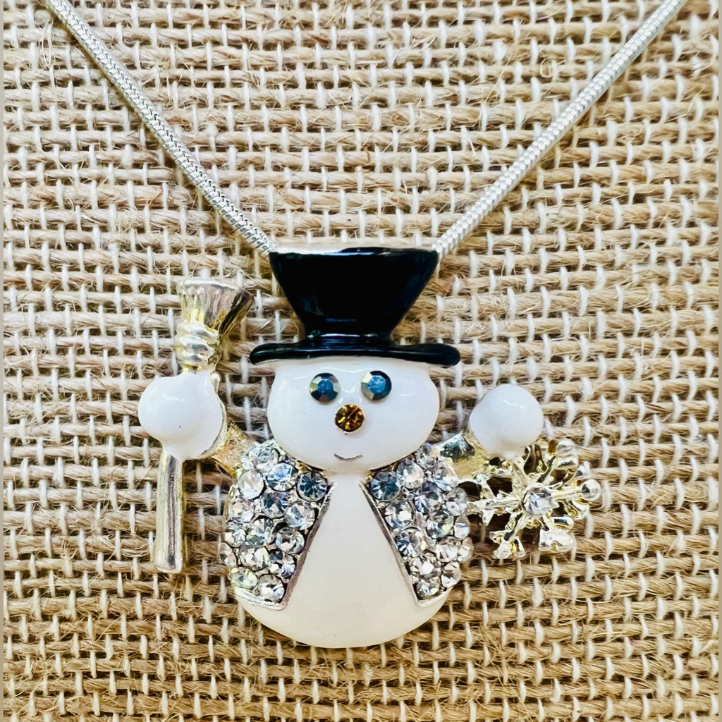Pl Lauren Spencer Enamel & Silver Tone Snowman Necklace W/Genuine Crystals